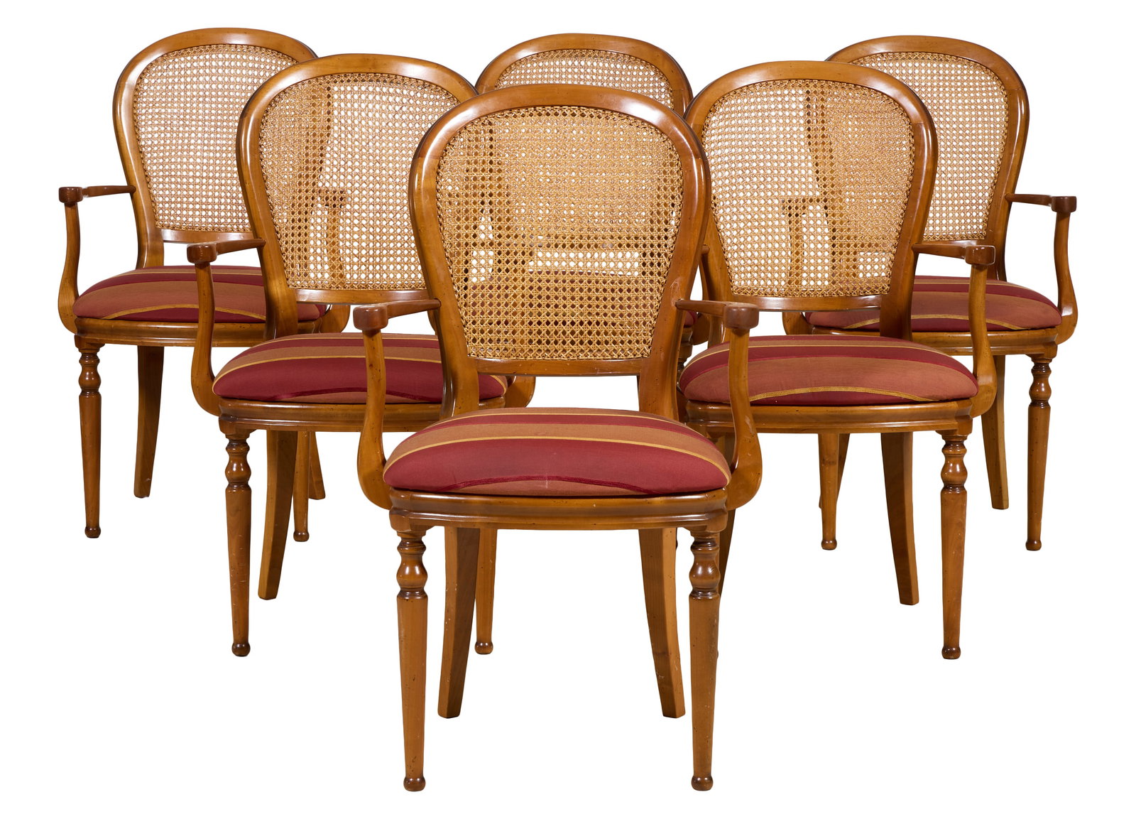 Set of Six French Louis Philippe Style Cherry Fauteuils, late 20th c., Each- H.- 37 3/4 in., W.- 23 (1 of 2)