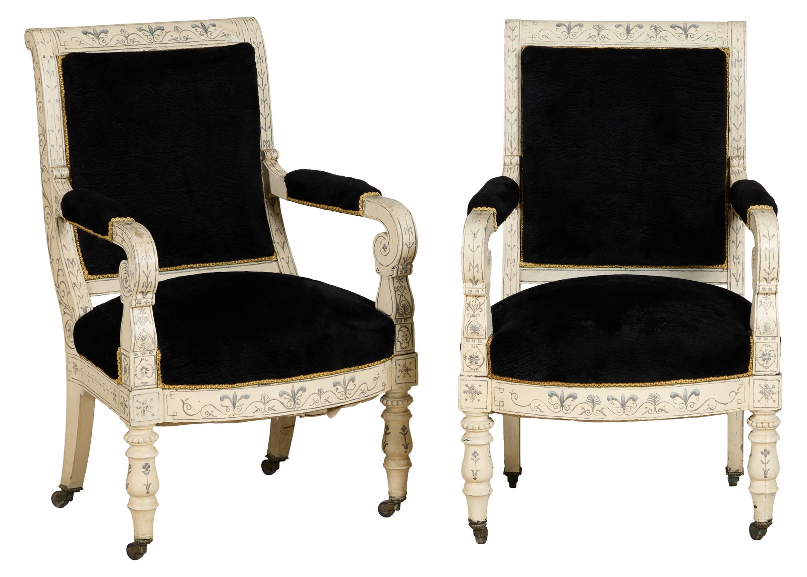 Pair of French Empire Inspired Creme Peinte Fauteuils, mid/late 19th c., Each- H.- 38 1/2 in., W.-: Pair of French Empire Inspired Creme Peinte Fauteuils, mid/late 19th c., the upholstered scrolled backs into padded scrolled arms, serpentine seat rail joining turned legs on toupie feet with casters,