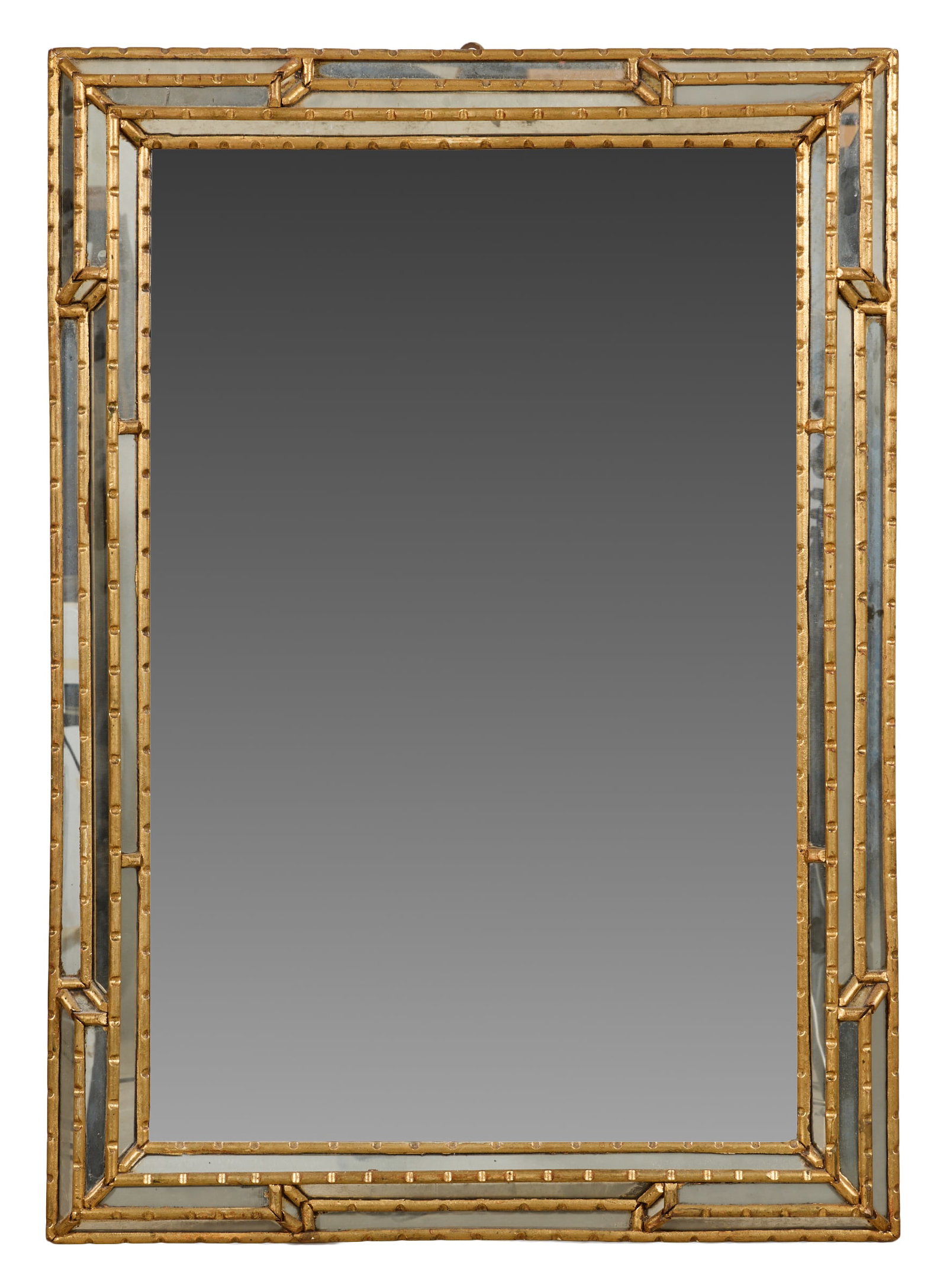 Vintage Giltwood Cushion Overmantel Mirror, 20th c., H.- 41 in., W.- 29 3/8 in.: Vintage Giltwood Cushion Overmantel Mirror, 20th c., the divided mirror plates with dimpled rod trim, raised corners, H.- 41 in., W.- 29 3/8 in. Provenance: The Estate of Joseph A. Jaeger, Jr., New Or