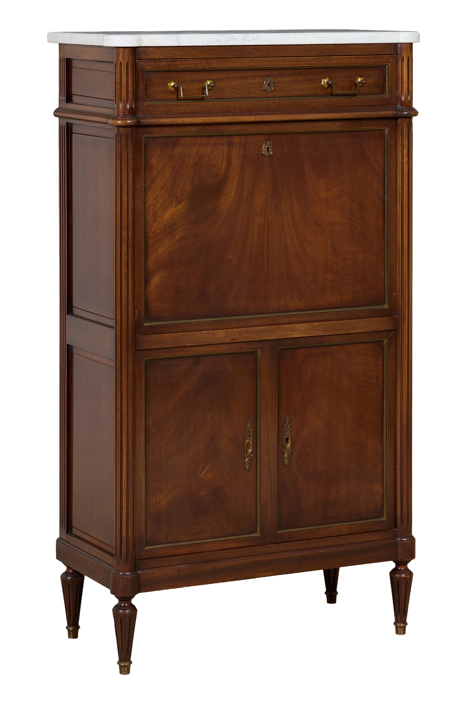 French Louis XVI Style Marble Top Walnut Secretaire a Abattant, mid 20th c., H.- 55 1/4 in., W.- 30 (1 of 2)
