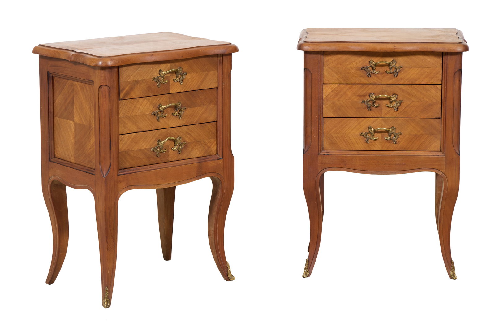 Pair of French Louis XV Style Parquetry Nightstands, mid 20th c., Each- H.- 26 3/4 in., W.- 19 in., (1 of 2)