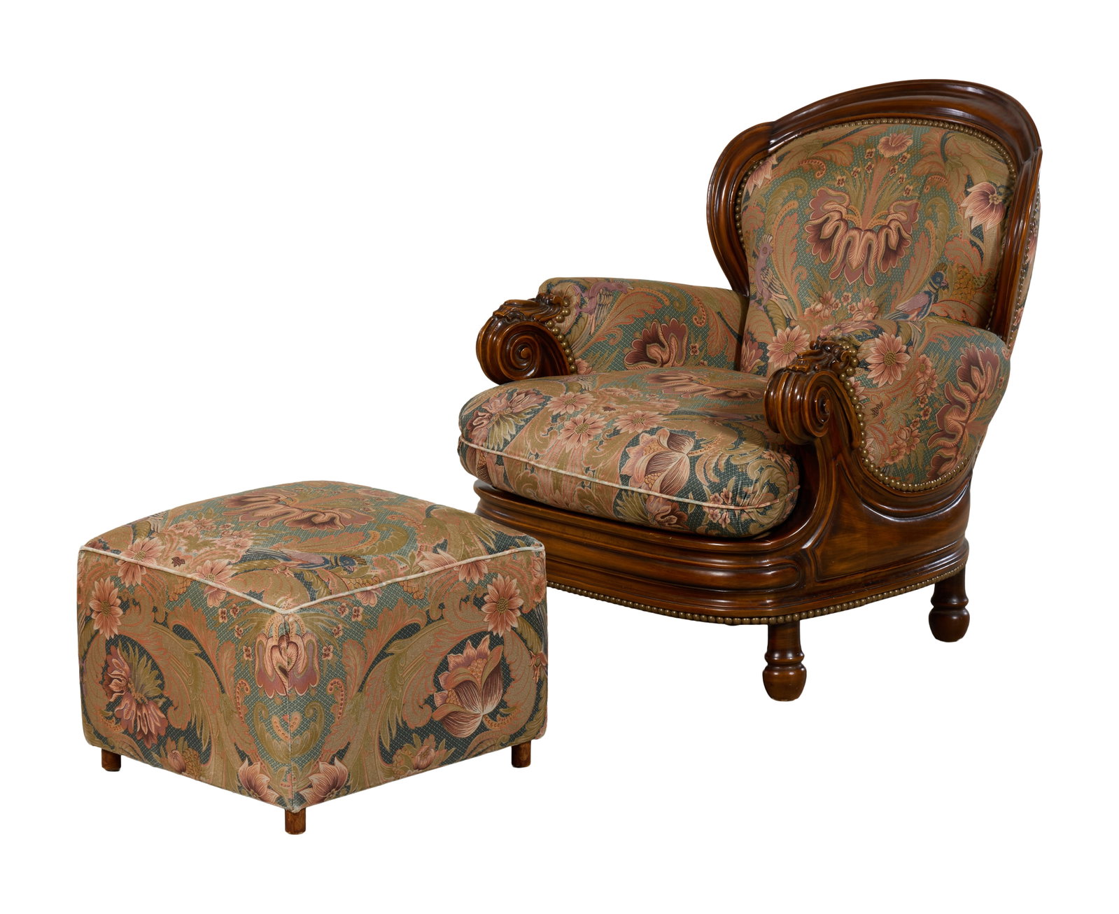 French Art Nouveau Style Berger and Ottoman, late 20th c., Chair- H.- 35 3/4 in., W.- 33 in., D.- 35: French Art Nouveau Style Berger and Ottoman, late 20th c., the arched upholstered back into fully padded arms and sides, scrolled hands, molded base over turned feet, fully upholstered cube form ottom