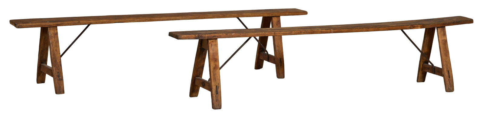 Pair of French Provincial Benches, early 20th c., Each- H.- 18 in., W.- 78 3/4 in., D.- 15 3/8 in. (1 of 1)