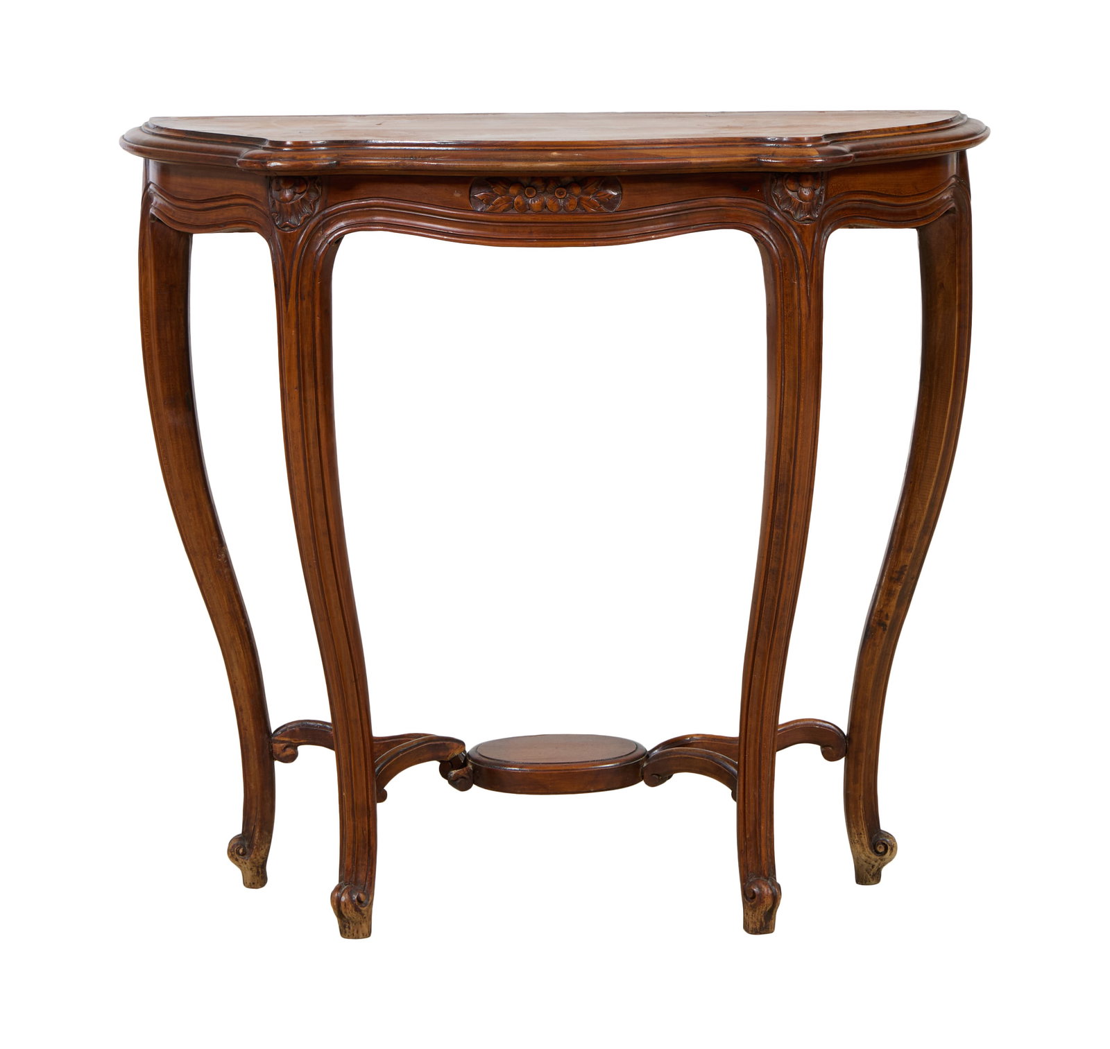 French Louis XV Style Carved Beech Console, mid 20th c., H.- 31 in., W.- 33 1/2 in., D.- 12 3/4 in. (1 of 2)