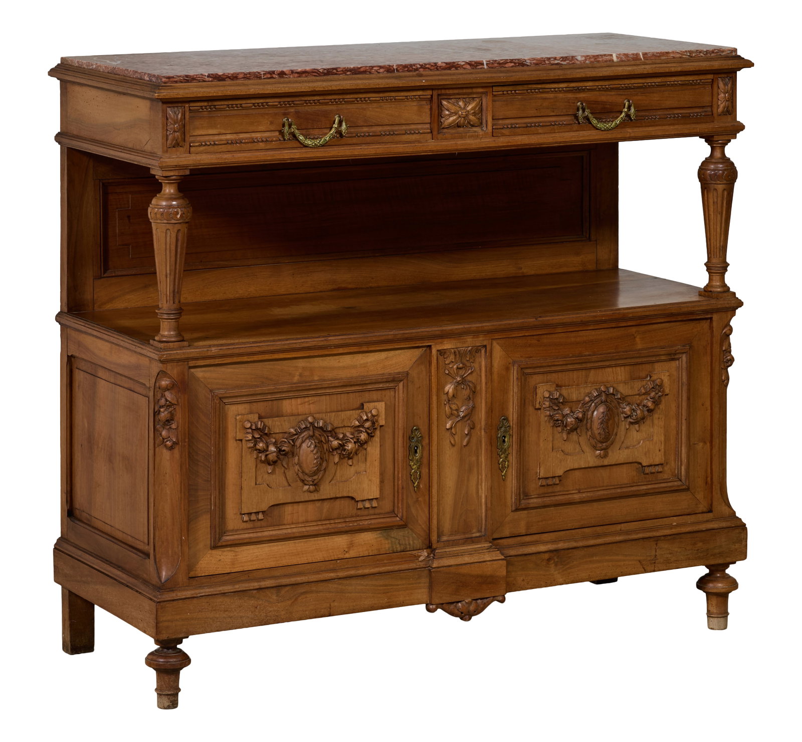 French Henri II Style Marble Top Carved Walnut Desserte, late 19th c., H.- 42 1/2 in., W.- 48 in., (1 of 2)