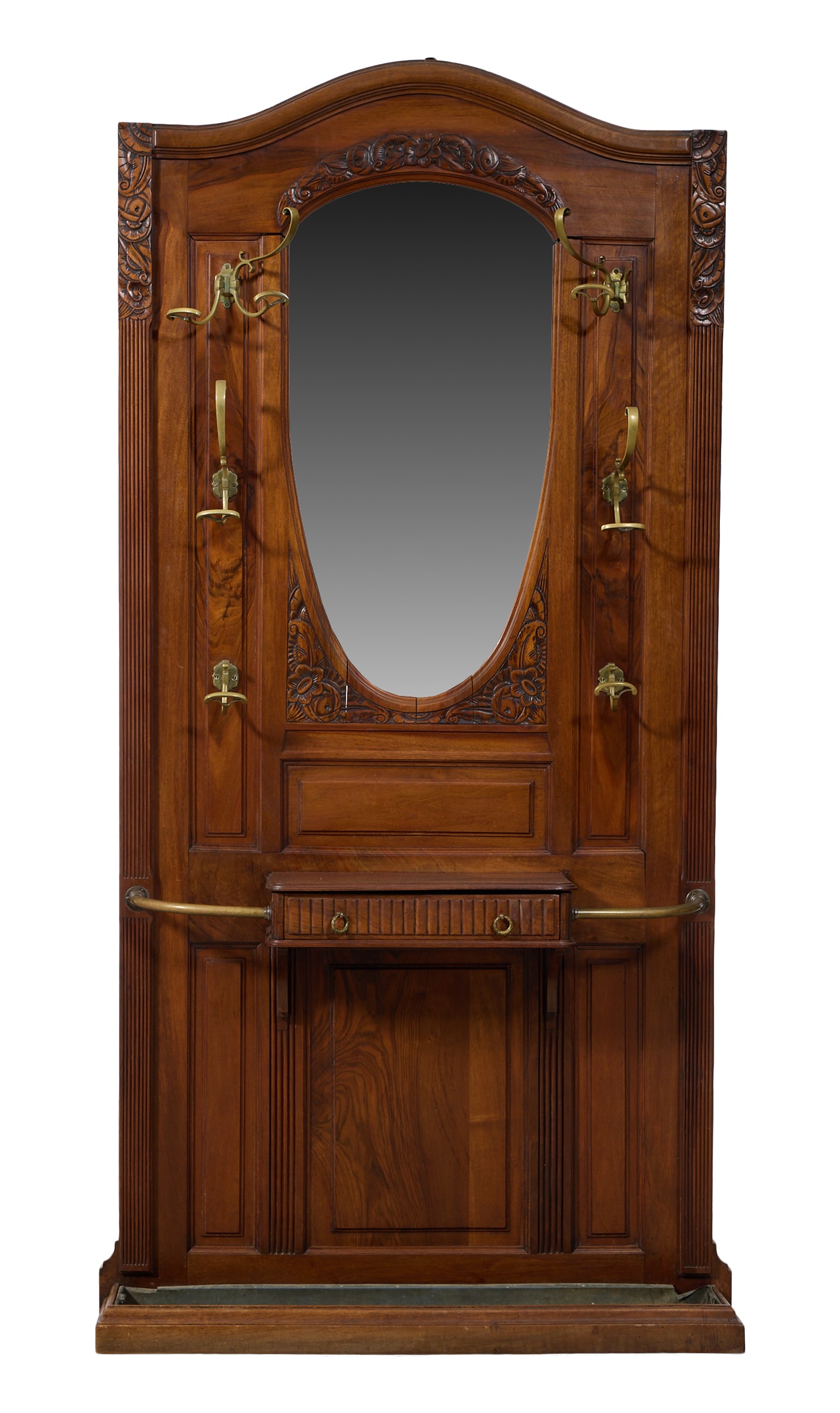 French Art Nouveau Carved Walnut Hall Tree, early 20th c., H.- 83 1/4 in., W.- 42 1/4 in., D.- 8 in. (1 of 3)