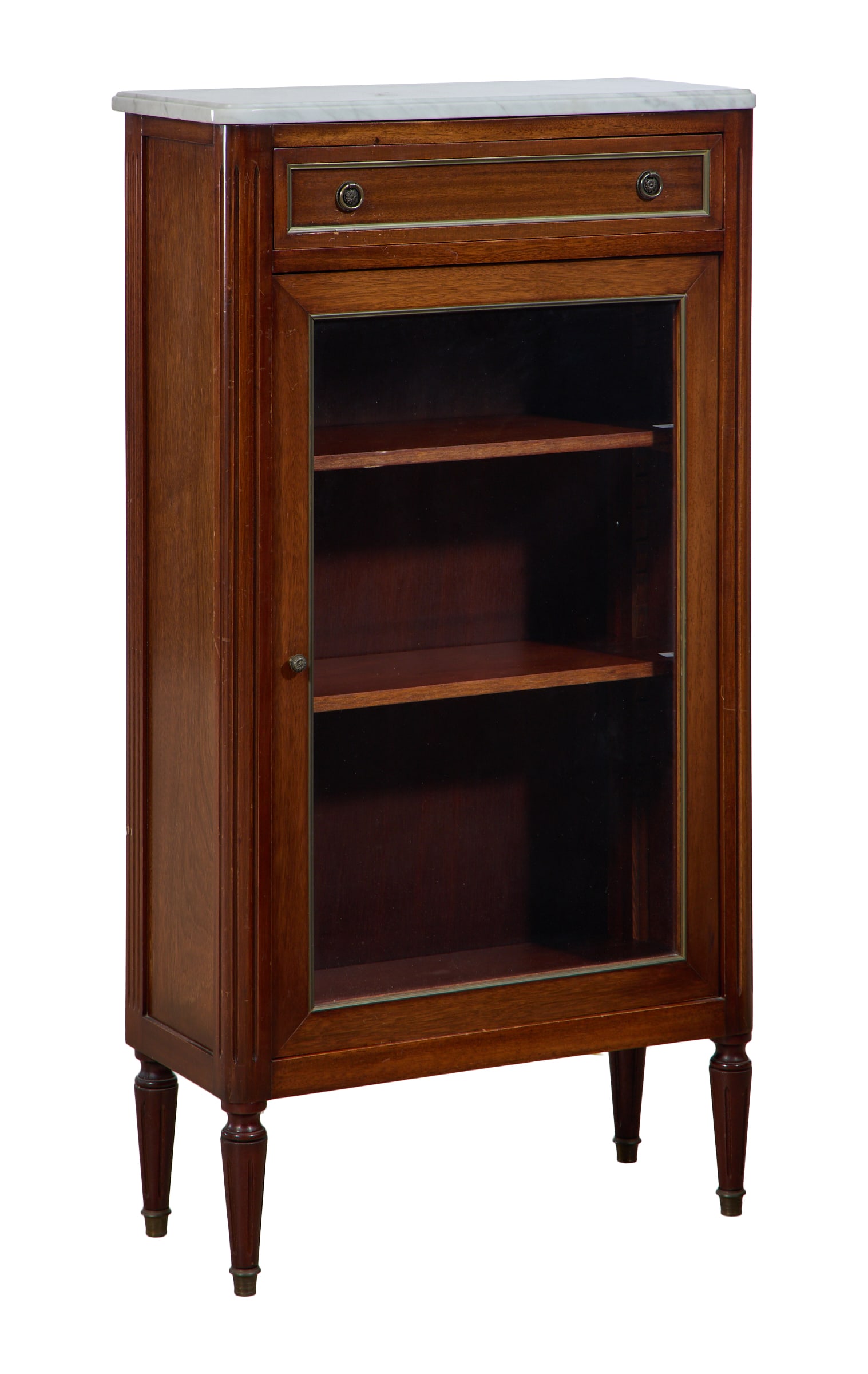 French Louis XVI Marble Top Walnut Petite Bookcase, late 20th c., H.- 48 in., W.- 25 in., D.- 11 in.: French Louis XVI Marble Top Walnut Petite Bookcase, late 20th c., the rectangular moulded marble top over brass trim frieze drawer, glazed brass trimmed lower door, shelved interior, rounded fluted st