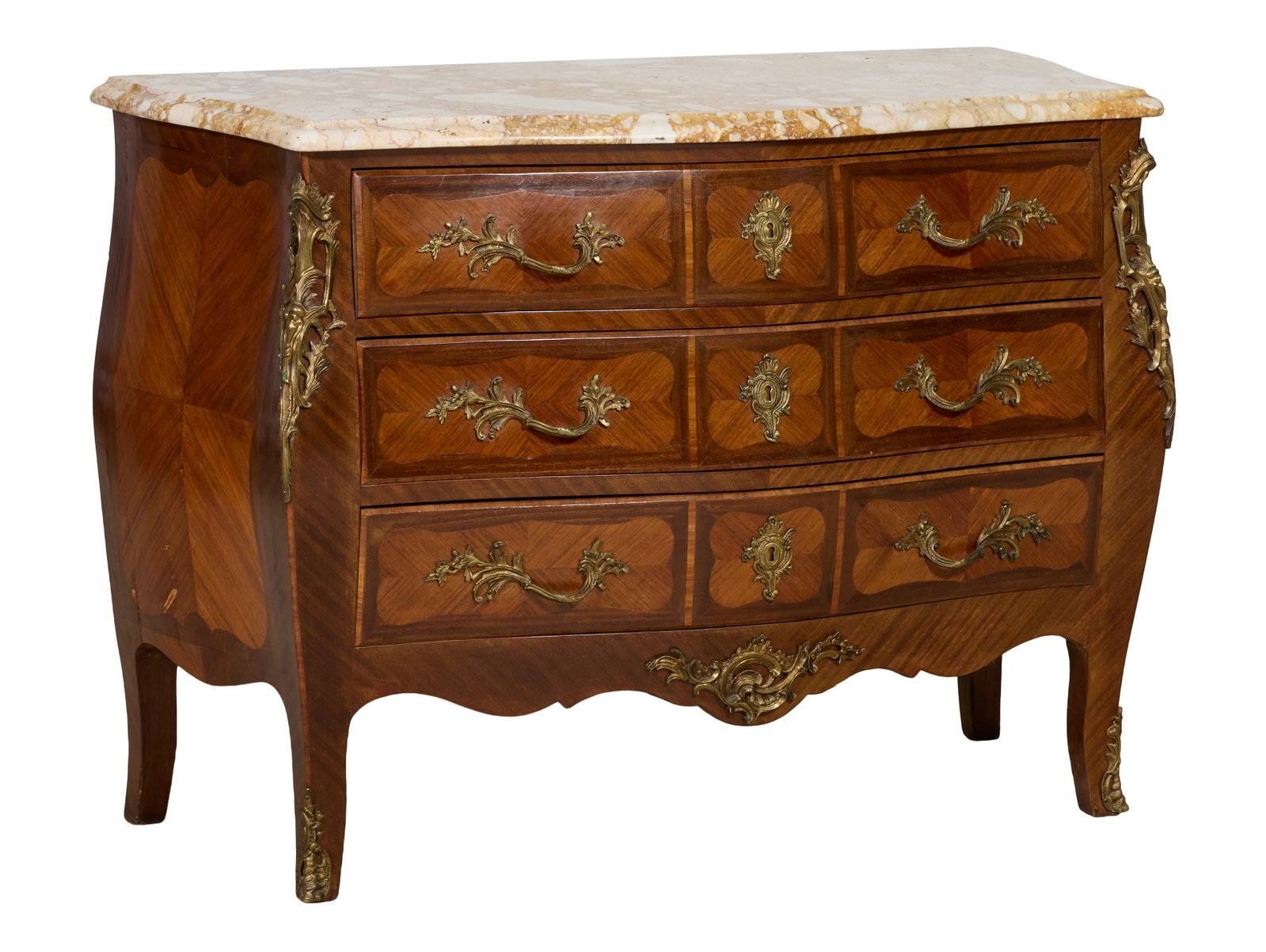 French Louis XV Style Marble Top Parquetry Bombe Commode, mid 20th c., H.- 33 3/4 in., W.- 46 in., (1 of 2)