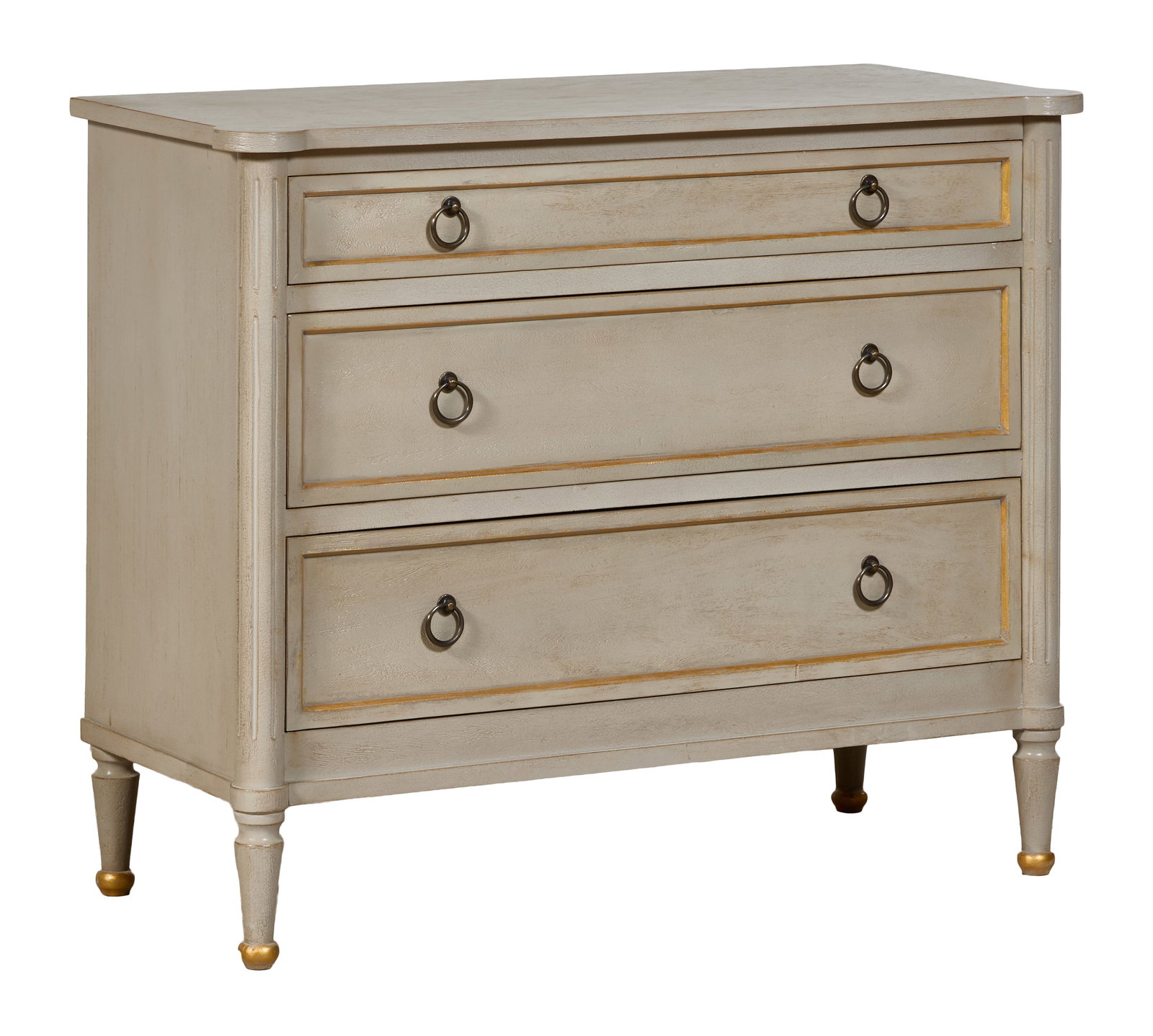Hollywood Regency Style Creme Peinte Commode, 21st c., H.- 36 in., W.- 44 in., D.- 19 in.: Hollywood Regency Style Creme Peinte Commode, 21st c., the rectangular top with turret corners, three graduated drawers flanked by flute round stiles, toupie feet, H.- 36 in., W.- 44 in., D.- 19 in.