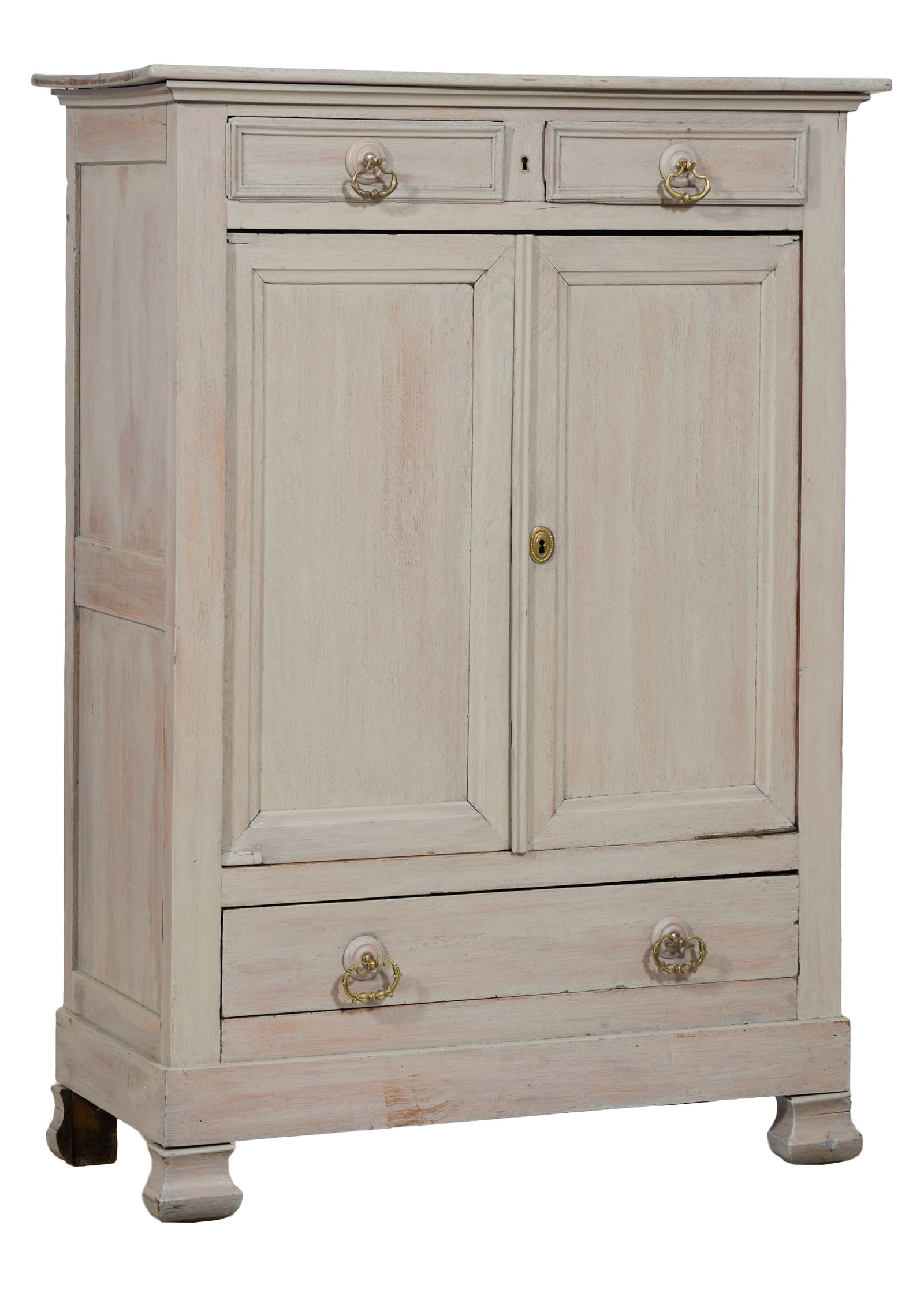 French Louis Philippe Polychromed Armoire, mid 19th c., H.- 57 1/4 in., W.- 41 1/4 in., D.- 18 in.: French Louis Philippe Polychromed Armoire, mid 19th c., the flared cornice over two drawers over two doors, lower long drawer, shaped feet, H.- 57 1/4 in., W.- 41 1/4 in., D.- 18 in.
