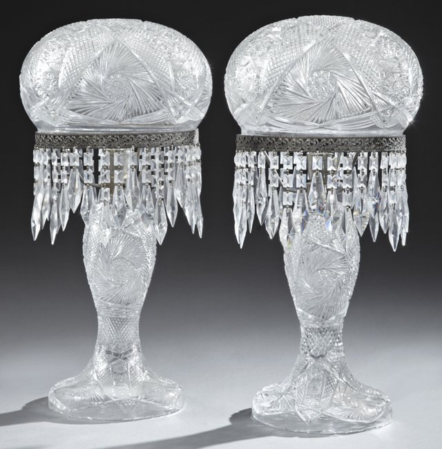 Pair of Cut Glass and Steel "Mushroom" Lamps, 20th c.,: Pair of Cut Glass and Steel "Mushroom" Lamps, 20th c., hung with spear prisms, with matching steel mirror bases with pierced galleries, H.- 26 in., Dia.- 12 1/4 in.