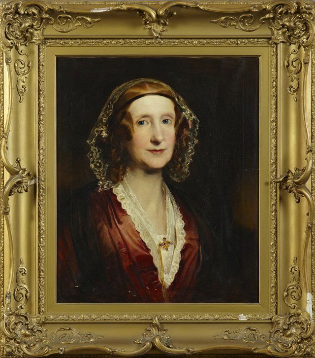 British School , "Portrait of a Woman with Red Hair,": British School , "Portrait of a Woman with Red Hair," late 19th c., oil on canvas, reverse canvas stamped "Alexr Hill Colorman to the Royal Scottish Academy, Edinburgh," presented in a period gilt fra