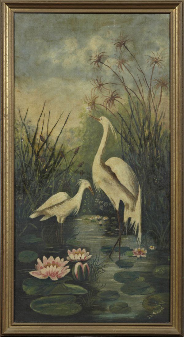 J.M. Grizzard, "White Egrets," c. 1900, oil on canvas,: J.M. Grizzard, "White Egrets," c. 1900, oil on canvas, signed l.r., framed, H.- 37 in., W.- 18 in.