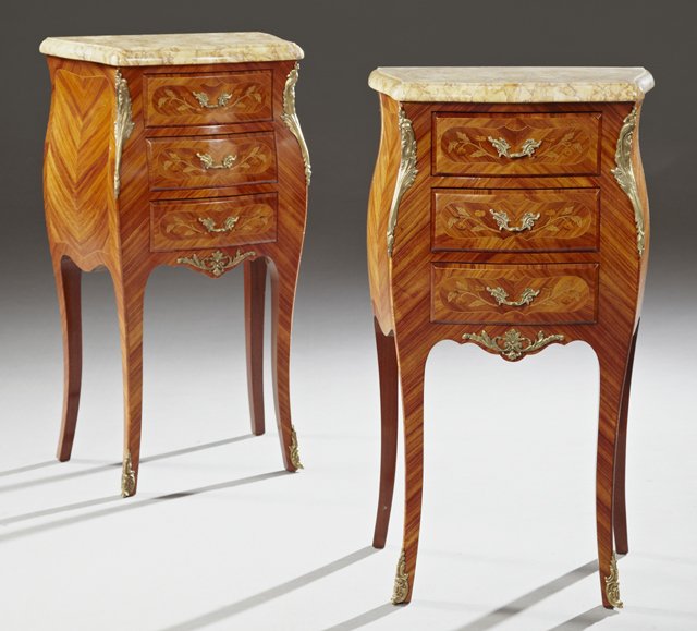 Pair of Louis XV Style Inlaid Ormolu Mounted Kingwood: Pair of Louis XV Style Inlaid Ormolu Mounted Kingwood Bombe Marble Top Nightstands, early 20th c., the shaped sloping edge highly figured ochre marble over three marquetry inlaid drawers flanked by or