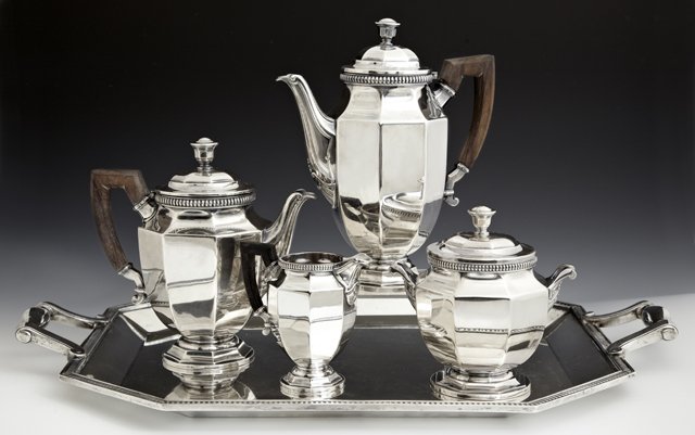 Five Piece Christofle Silver Plate Tea Set, 20th c.,: Five Piece Christofle Silver Plate Tea Set, 20th c., consisting of a coffee pot, a teapot, a creamer, a covered sugar, and a tray, marked Gallia, of octagonal form, coffee pot and teapot with rosewood
