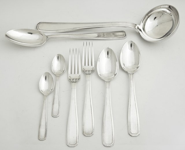 Set of Thirty-Eight Pieces of Silver Plated Flatware,: Set of Thirty-Eight Pieces of Silver Plated Flatware, 19th c., by Christofle, marked Alfenide (Nickel-Silver), consisting of twelve soup spoons, twelve teaspoons, twelve dinner forks, a large ladle, a