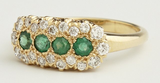 Lady's 14K Yellow Gold Dinner Ring, with a central row: Lady's 14K Yellow Gold Dinner Ring, with a central row of four round 10 point emeralds within a rectangular border of small round diamonds, total emerald wt.- .4 cts, size- 6 3/4.