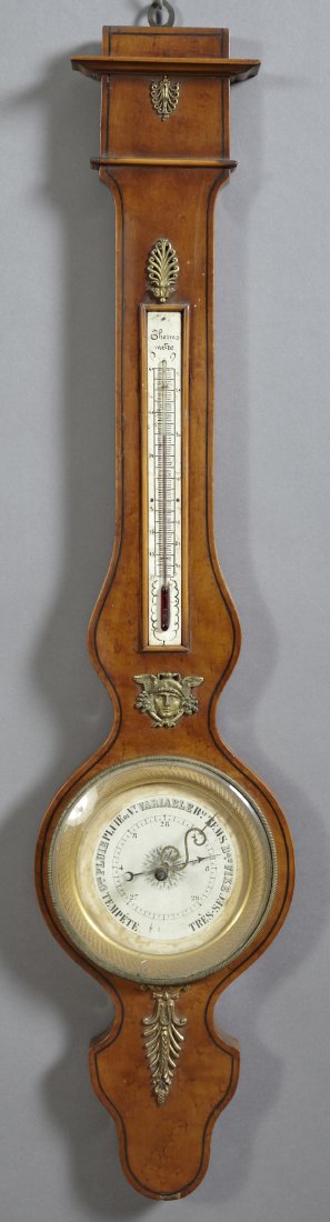 Gilt Bronze Mounted Inlaid Mahogany Mercury Banjo: Gilt Bronze Mounted Inlaid Mahogany Mercury Banjo Barometer, 19th c., the neck with a red alcohol thermometer, H.- 34 1/2 in., W.- 7 3/4 in., D.- 2 1/4 in.