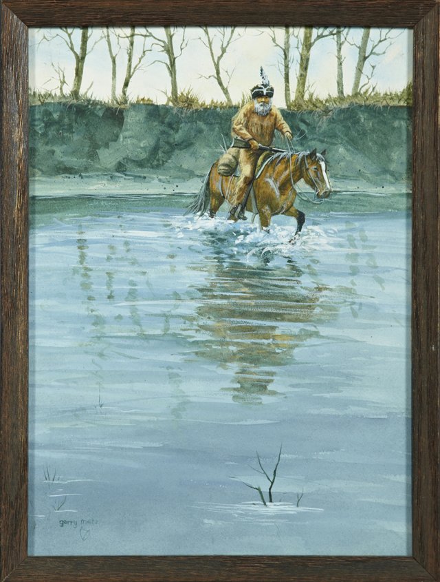 Gerry Michael Metz (1943- ), "Trapper Fording a: Gerry Michael Metz (1943- ), "Trapper Fording a Stream," 20th c., oil on board, signed l.l., framed, H.- 15 in., W.- 11 in.