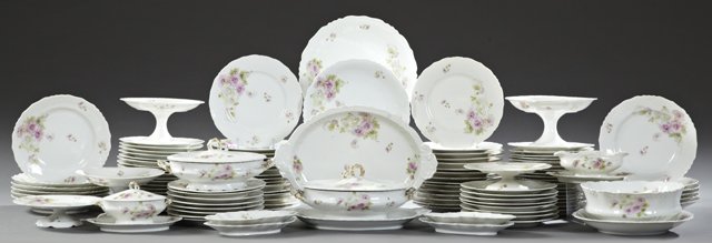 One Hundred Nine Piece Set of Limoges Dinnerware, 19th: One Hundred Nine Piece Set of Limoges Dinnerware, 19th c., maker's mark of "P.D.," with floral and relief decoration, consisting of 47 dinner plates, 5 compotes, 12 soup bowls, 36 salad plates, a cove
