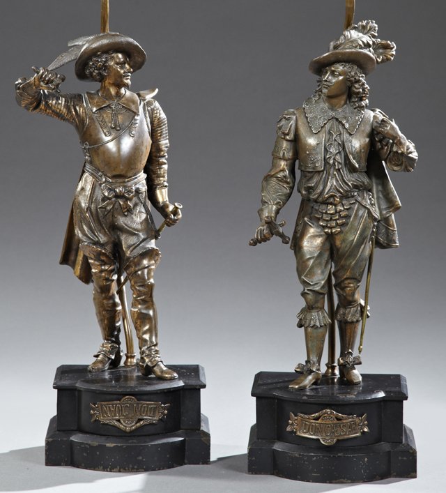 Pair of Large Copper Plated Spelter Figures, late 19th: Pair of Large Copper Plated Spelter Figures, late 19th c., of Don Caesar and Don Juan, on shaped stepped iron bases, now mounted as lamps, H.- 21 in., W.- 8 in., D.- 6 1/2 in.
