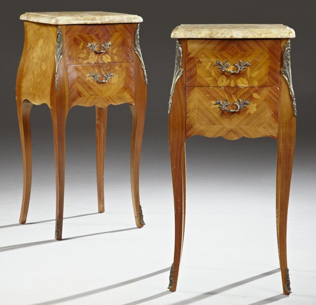 Pair of Louis XV Style Inlaid Ormolu Mounted Kingwood: Pair of Louis XV Style Inlaid Ormolu Mounted Kingwood Bombe Marble Top Nightstands, early 20th c., the sloping edge highly figured marble tops over two marquetry inlaid drawers flanked by ormolu mount