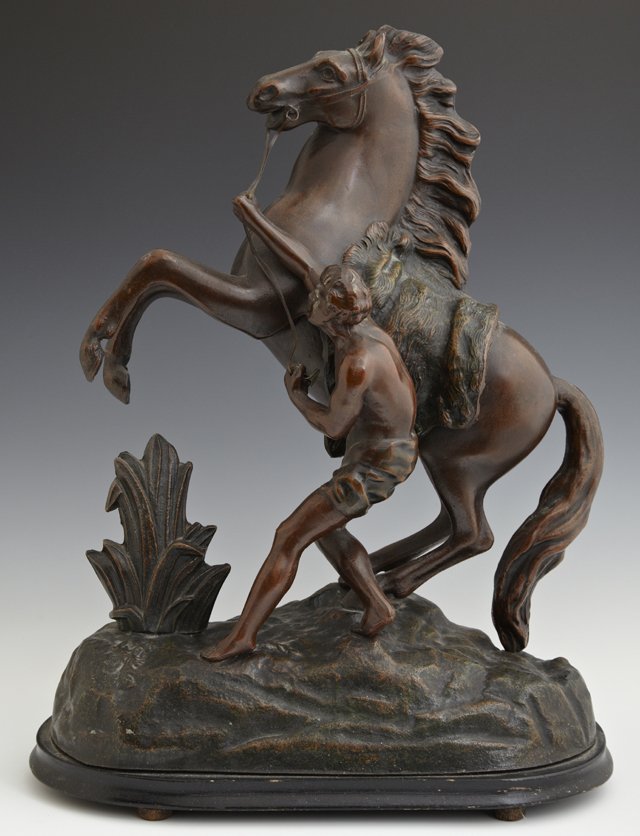 Patinated Spelter Figure of a Marly Horse, late 19th: Patinated Spelter Figure of a Marly Horse, late 19th c., on an ebonized wood base on disc feet, H.- 17 in., W.- 13 in., D.- 6 in.