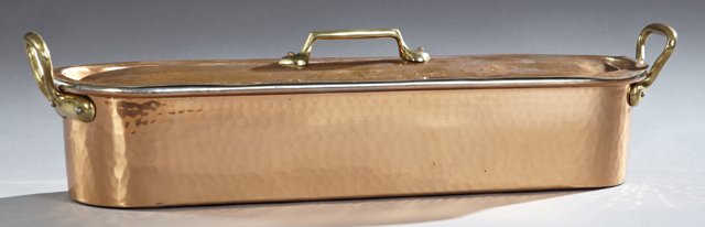 Copper Covered Fish Poaching Pan, 20th c., with brass: Copper Covered Fish Poaching Pan, 20th c., with brass handles, and a lift out drainage tray, H.- 6 1/2 in., W.- 26 1/4 in., D.- 7 1/4 in.