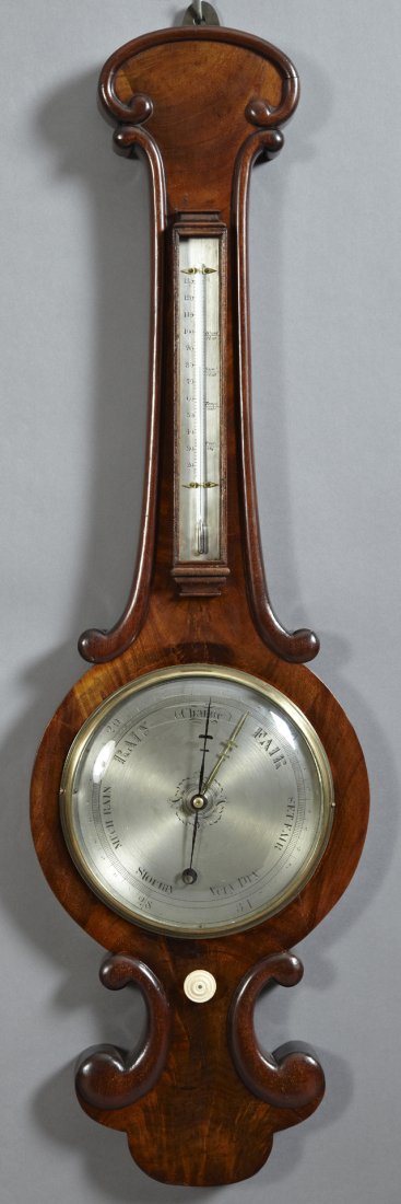 English Carved Mahogany Banjo Barometer, c. 1860, the: English Carved Mahogany Banjo Barometer, c. 1860, the neck with a mercury thermometer, H.- 35 7/8 in., W.- 10 5/8 in., D.- 1 1/2 in.