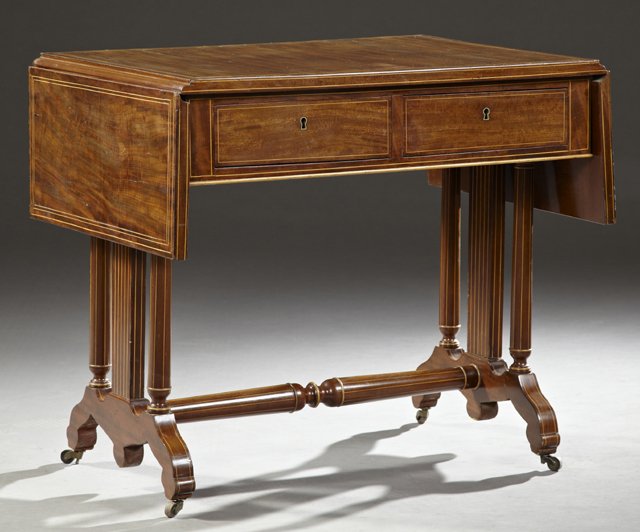 English Inlaid Mahogany Drop Leaf Writing Table, 19th: English Inlaid Mahogany Drop Leaf Writing Table, 19th c., with two frieze drawers on one side and two faux drawers on the other, on inlaid turned columnar trestle bases, joined by an inlaid turned str