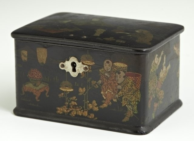 Chinese Black Lacquer Papier Mache Dresser Box, 19th: Chinese Black Lacquer Papier Mache Dresser Box, 19th c., the lid with a painted scene of a child on a leash, the sides with children at play, with key, H.- 2 3/4 in., W.- 4 1/2 in., D.- 3 1/4 in.