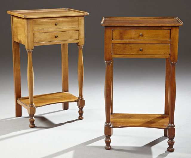 Pair of Louis Philippe Carved Cherry Nightstands, c.: Pair of Louis Philippe Carved Cherry Nightstands, c. 1850, the 3/4 galleried top over two frieze drawers, on turned tapered supports to an indented lower shelf, the whole on turned legs, H.- 27 1/2 in