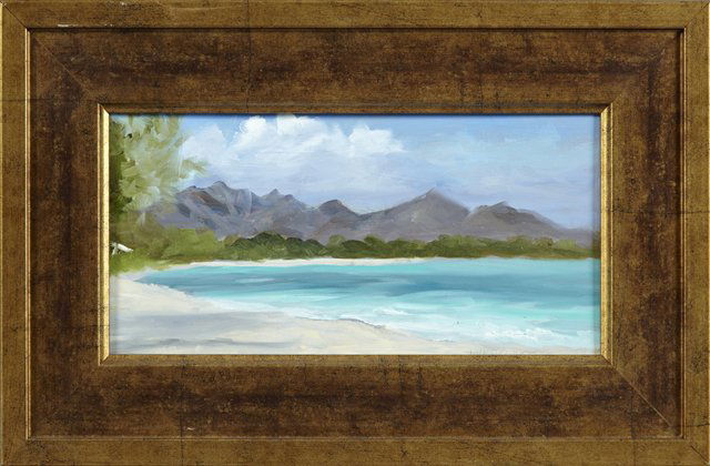 Dawn Lundquist (Hawaii), "Bellows Blues," 20th c.: Dawn Lundquist (Hawaii), "Bellows Blues," 20th c., oil on board, signed l.r., framed, H.- 6 in., W.- 12 in.