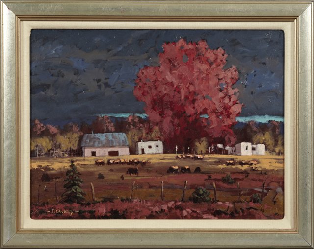 Dennis Downey (1941-), "Fall Maple Tree," 1992, oil on: Dennis Downey (1941-), "Fall Maple Tree," 1992, oil on board, signed l.l., dated and titled verso, framed, H.- 18 in., W.- 24 in.