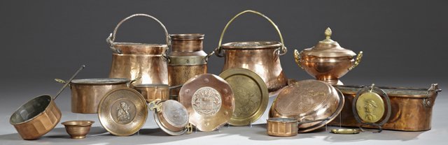Group of Sixteen Items, 19th c., consisting of two: Group of Sixteen Items, 19th c., consisting of two handled copper buckets, a copper sieve, a copper covered milk canister, a copper covered casserole bowl, a copper large fish poaching pan, three copp