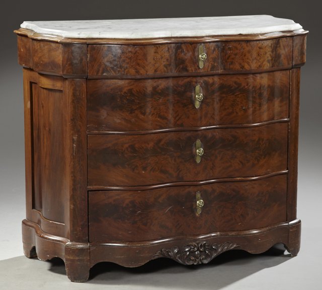 American Carved Mahogany Serpentine Marble Top Dresser: American Carved Mahogany Serpentine Marble Top Dresser Base, late 19th c., the ogee edge figured white marble base with a frieze drawer and three set back drawers, the sides also of serpentine form, o