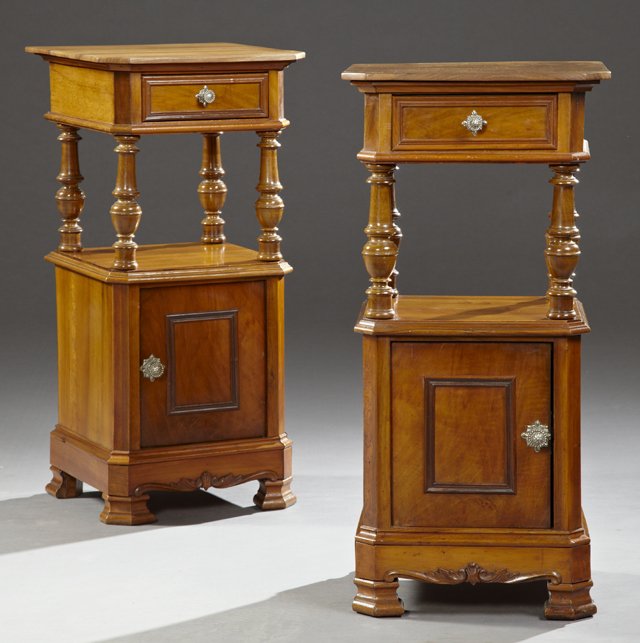 Pair of Louis Philippe Carved Walnut Nightstands, c.: Pair of Louis Philippe Carved Walnut Nightstands, c. 1850, the canted corner hexagonal top over a frieze drawer on turned and tapered supports to a lower pot cupboard, on stepped block feet joined by 