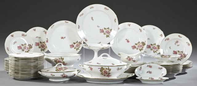 Sixty Piece Set of Limoges Porcelain Dinnerware, 20th: Sixty Piece Set of Limoges Porcelain Dinnerware, 20th c., maker's mark of "PM," with gilt and floral transfer decoration, consisting of 24 dinner plates, 12 soup bowls, 12 salad plates, a covered ture