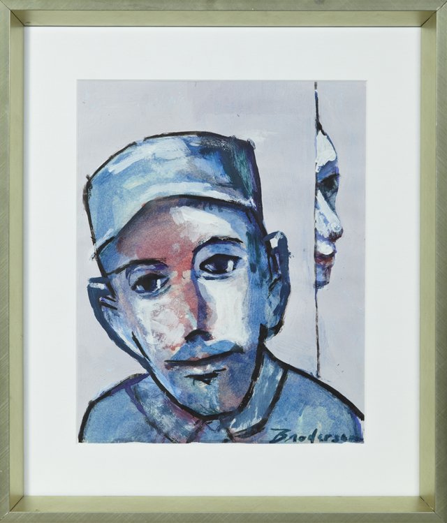 Robert Broderson (1920-1992), "Man in a Cap," 20th c.,: Robert Broderson (1920-1992), "Man in a Cap," 20th c., watercolor, signed l.r., Provenance: Joan Liberty, New Orleans, framed, H.- 12 in., W.- 9 1/4 in.