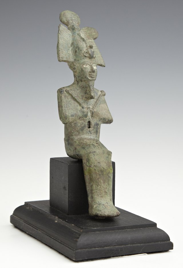 Bronze Seated Figure of Osiris, Ancient Egypt, 715 BC,: Bronze Seated Figure of Osiris, Ancient Egypt, 715 BC, on a custom stepped black wood base, Figure- H.- 6 in., with Stand- H.- 7 in., W.- 3 1/8 in., D.- 5 in.