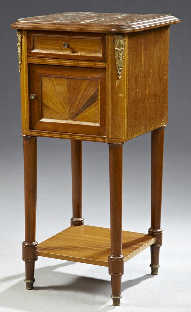 Louis XVI Style Ormolu Mounted Inlaid Mahogany Marble: Louis XVI Style Ormolu Mounted Inlaid Mahogany Marble Top Nightstand, early 20th c., the inset highly figured rounded corner brown marble within a stepped frame, above a frieze drawer and an inlaid lo