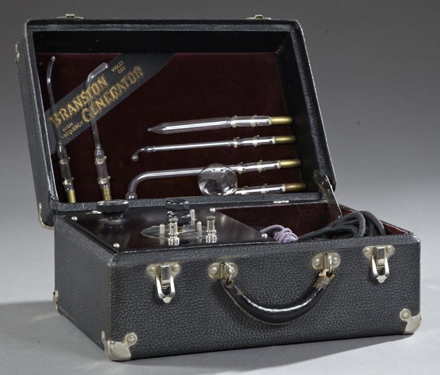 Quack Medical Device- Branston Violet Ray Generator, c.: Quack Medical Device- Branston Violet Ray Generator, c. 1920, in original fitted leatherette case, H.- 7 3/8 in., W.- 14 1/2 in., D.- 10 in.