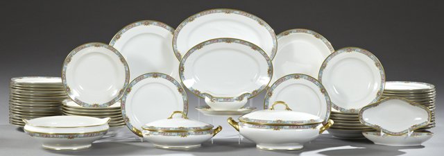 Sixty-Two Piece Set of Limoges Porcelain Dinnerware,: Sixty-Two Piece Set of Limoges Porcelain Dinnerware, early 20th c., maker's mark of PP, with gilt and polychrome transfer banding of flowers and swans, consisting of 35 dinner plates, 17 soup bowls, 2