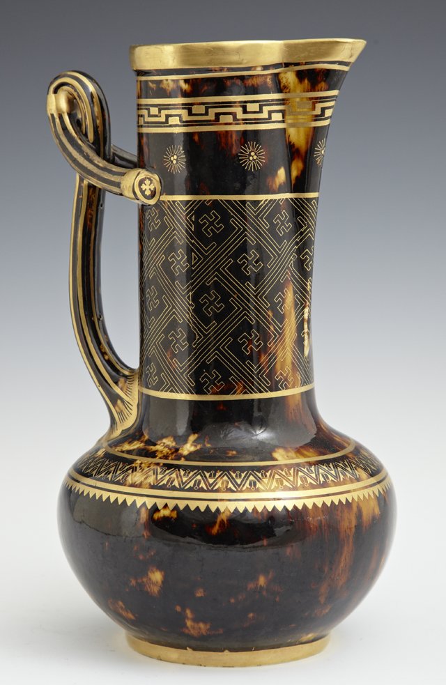 Minton's Glazed Ewer, 19th c., with gilt and "tortoise: Minton's Glazed Ewer, 19th c., with gilt and "tortoise shell" decoration, unsigned, H.- 9 3/4 in., W.- 5 3/4 in., D.- 5 1/4 in.