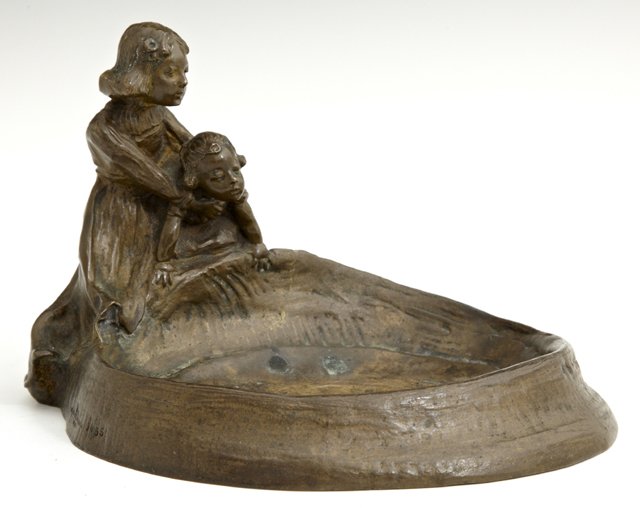 Vienna Bronze Art Nouveau Ashtray, c. 1900, signed: Vienna Bronze Art Nouveau Ashtray, c. 1900, signed Werner, of children looking at fish in a pond, marked "KK Kunst Erz Giesserei, Wien, #1455," (KK Art Bronze Foundry, Vienna), H.- 4 5/8 in., W.- 6 1/