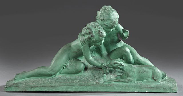 Ugo Cipriani (1887-1960), "Putti Feeding a Goat," green: Ugo Cipriani (1887-1960), "Putti Feeding a Goat," green patinated terracotta figural group, signed on the left front, H.- 13 1/2 in., W.- 26 in., D.- 7 1/4 in.