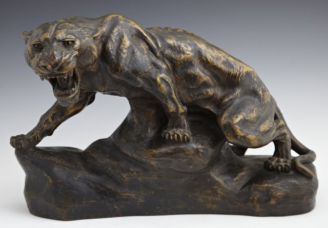 After Thomas Francois Cartier (1879-1953), "Roaring: After Thomas Francois Cartier (1879-1953), "Roaring Tiger," 20th c., patinated terracotta figure, impressed signature left front, on an integral base, verso stamped "Ceramique d'Art," H.- 11 3/4 in., 