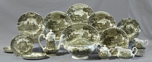Seventy Piece English Ironstone Partial Dinner Service,: Seventy Piece English Ironstone Partial Dinner Service, 20th c. by Royal Essex, in the "Shakespeare Country" pattern, with green transfer decoration, consisting of 23 dinner plates, 12 soup bowls, 12 