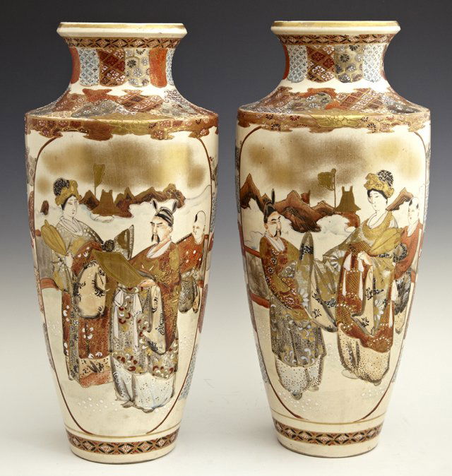 Pair of Tall Japanese Satsuma Vases, c. 1900, of: Pair of Tall Japanese Satsuma Vases, c. 1900, of tapering form, with gilt and moriage figural decoration, H.- 16 in., Dia.- 7 in.
