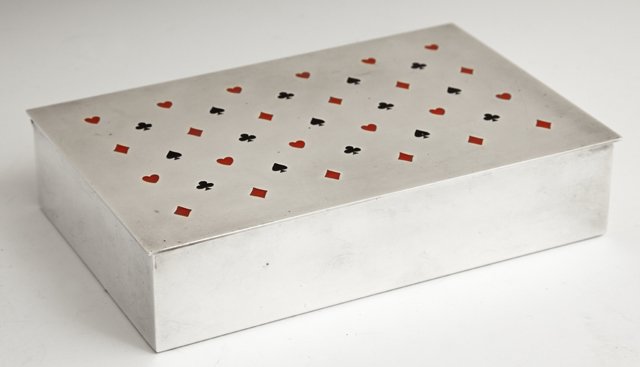 Tiffany & Co. Sterling Playing Cards Box, 20th c.,: Tiffany & Co. Sterling Playing Cards Box, 20th c., #3705, with enamel decoration of the four card suits, with original box and felt pouch, H.- 1 7/16 in., W.- 6 3/8 in., D.- 4 3/16 in., Wt.- 16.15 Tro